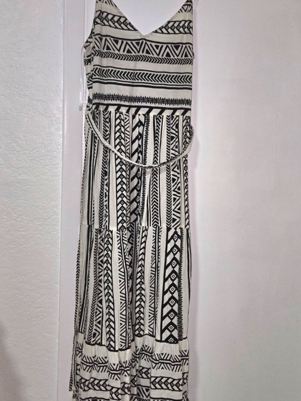 Vero Moda Black White Tribal Print Tie Waist Midi Dress Large - Picture 2 of 5